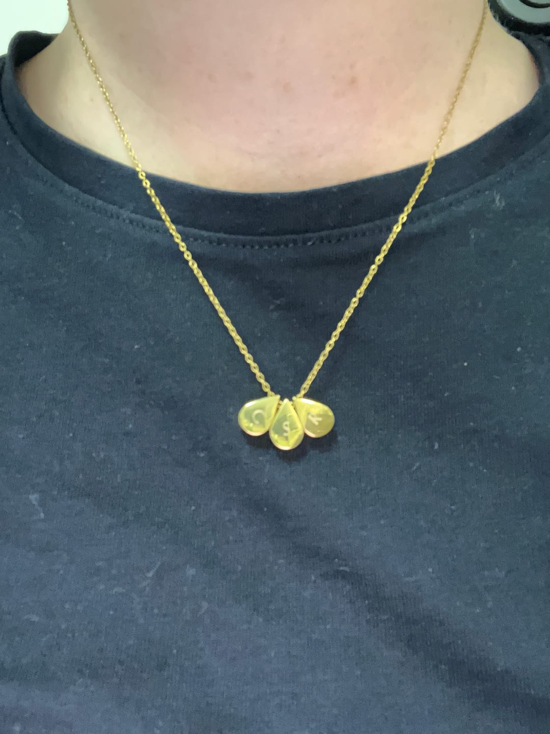 Customer photo review of Teardrop Triple Bead Necklace in Gold