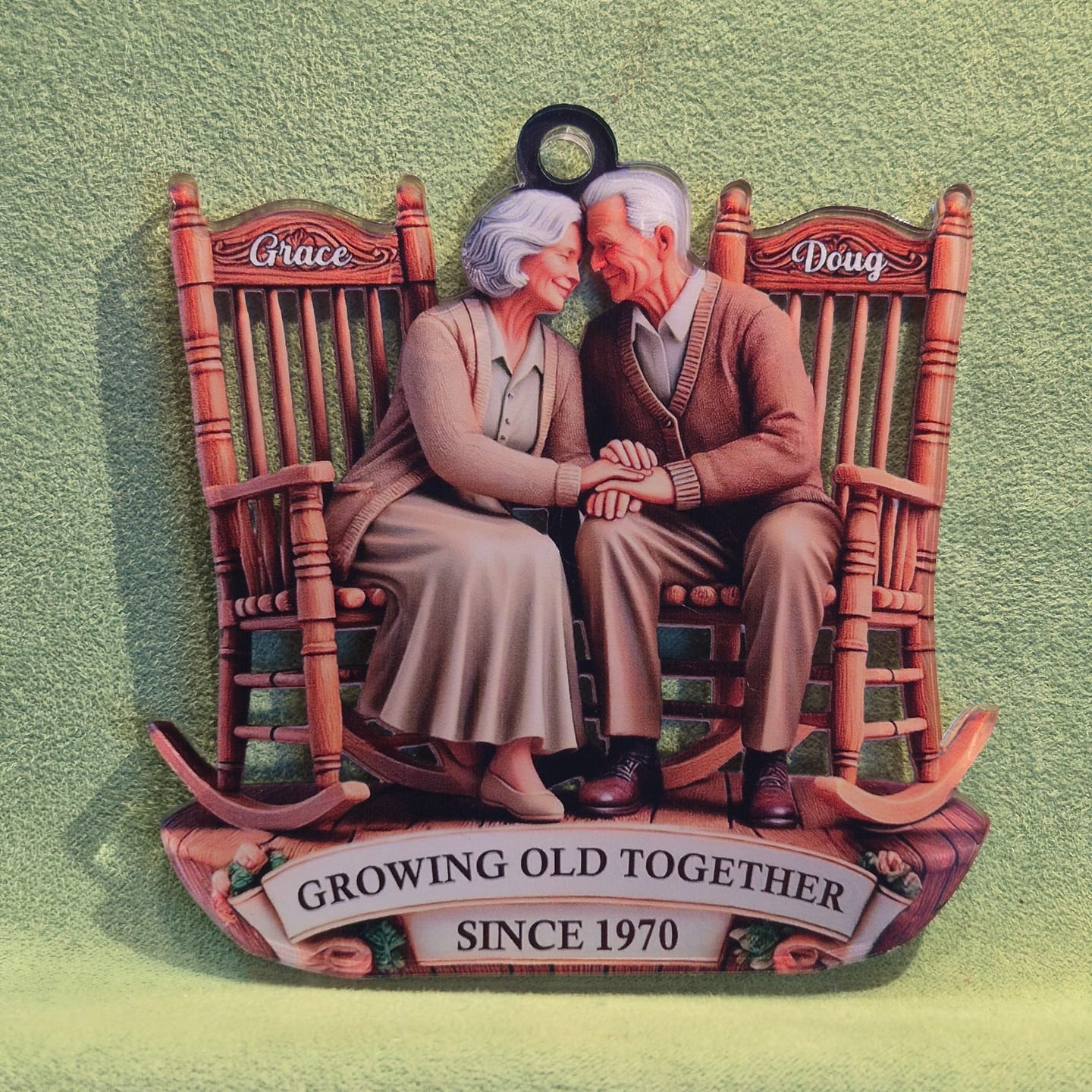 Customer photo review of Old Couple Sitting On Rocking Chairs Together Personalized Christmas Acrylic Ornament