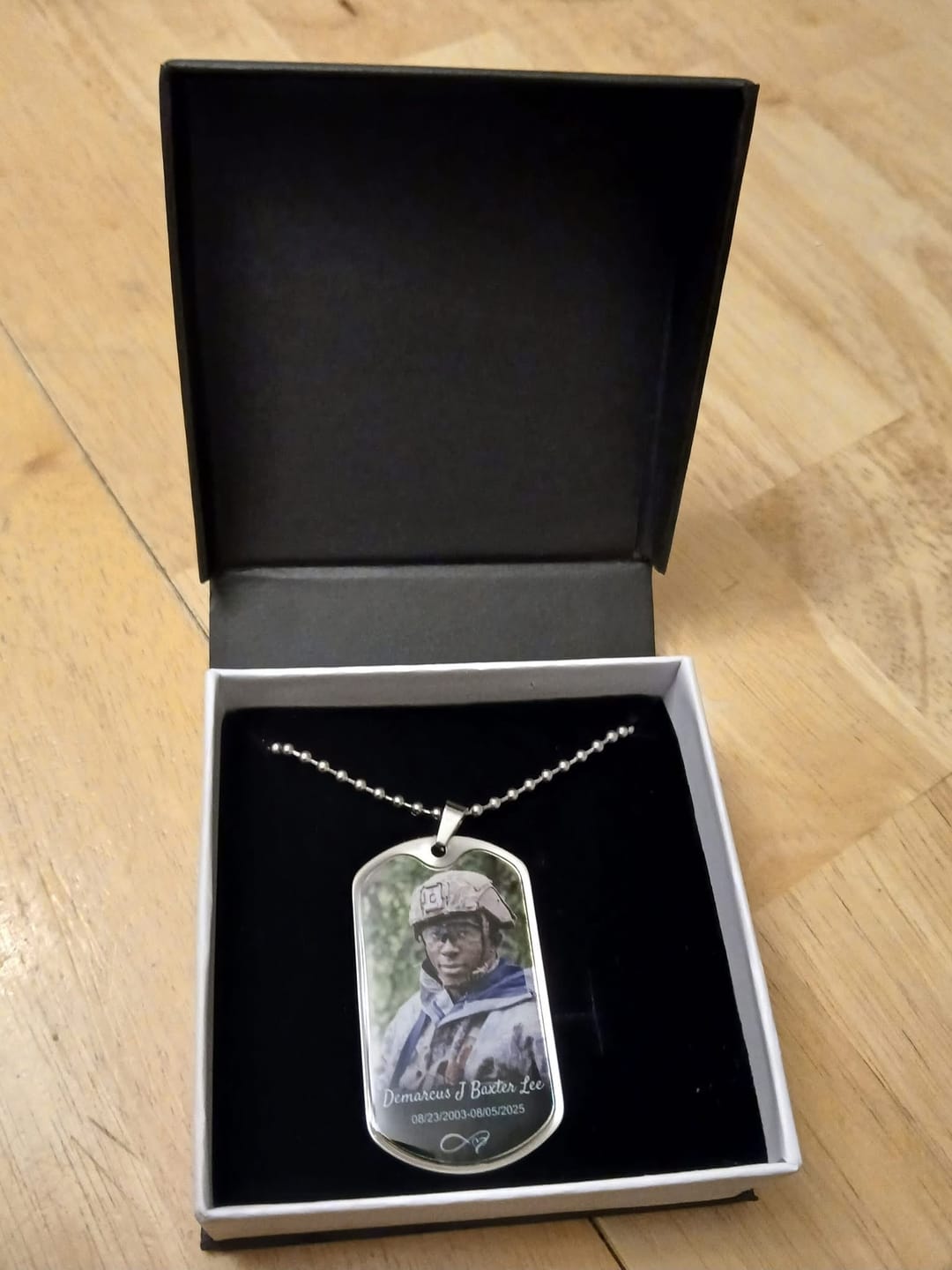 Customer photo review of Custom Name Photo Dog Tag Memorial Necklace