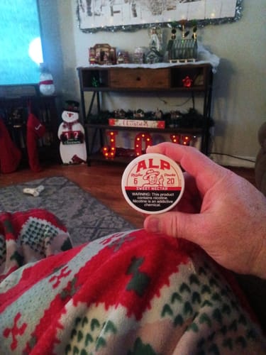 Customer's hand holding a round tin of ALP Sweet Nectar Nicotine Pouches in a cozy living room.