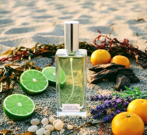 Cliente muestra el perfume H301 en la arena, junto a limas, mandarinas, lavanda y maderas.