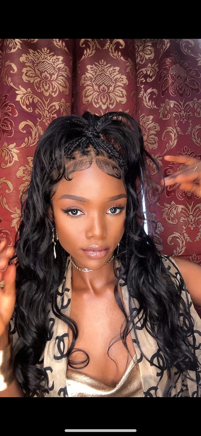Customer photo review of Michelle - Salon-Style Glueless Miracle Braided Wig Pre-Bleached Swiss HD Full Lace Boho Box Braids Bora Bora Human Hair Body Wave Curls