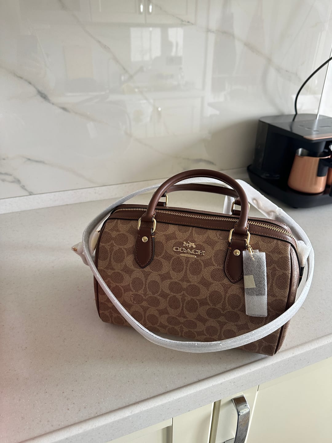 Customer photo review of Coach Women's Rowan Satchel Bag In Signature Canvas Gold/Tan/Brown