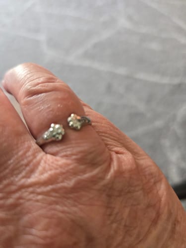 Close-up of a reviewer wearing the silver Paw Hug Ring on their finger.