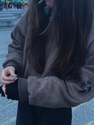 Customer photo review of Omirad Faux Fur Collar Suede-Texture Buckle Bomber Jacket