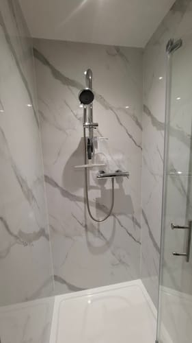Customer photo review of Premium Carrara White Marble Gloss Shower Wall Panel – 1M x 2.4M