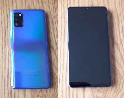 Reviewer's refurbished Samsung Galaxy A41, showing the iridescent blue back and the dark front screen.