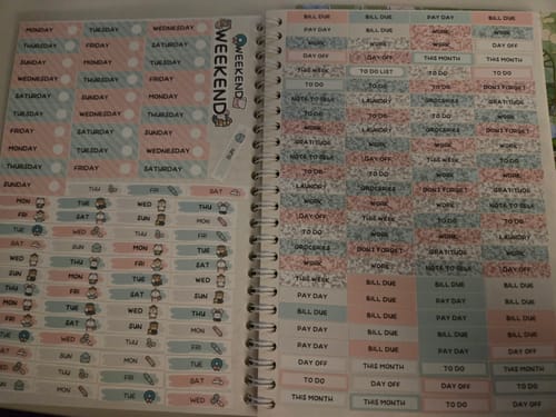 Reviewer's Holiday Happy Mail Sticker Set, with pink and blue weekly planner stickers for days of the week and to-do lists.