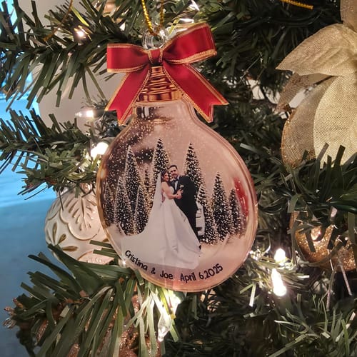 Customer photo review of Personalized Couple Glowing LED Light Ornament With Photo Names & Red Bow Romantic Christmas Gift For Couple Newlyweds