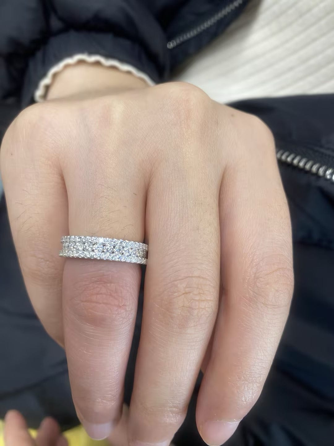 Customer photo review of Moissanite 2.5Ct Classic Round Cut Wide Wedding Band In Sterling Silver