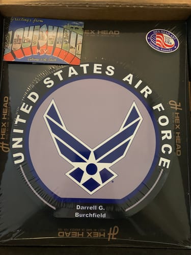 Customer's new United States Air Force metal wall art shown in its original packaging inside a box.