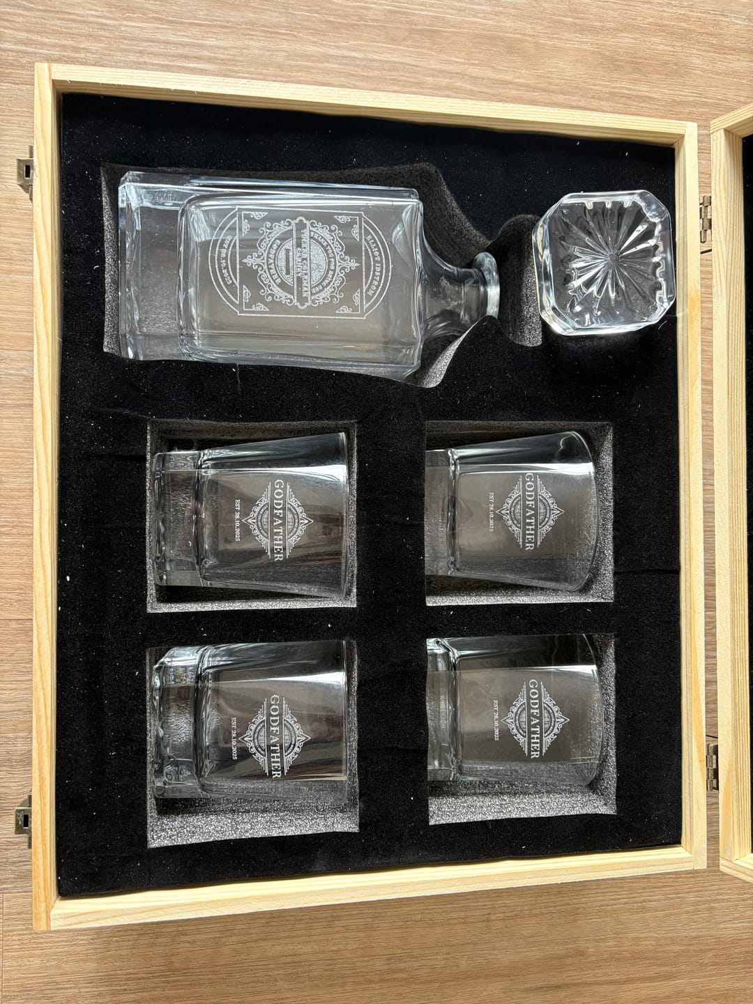Customer photo review of Engraved Wooden Gift Boxed Whiskey Decanter & 4 Scotch Star Base Glasses Set