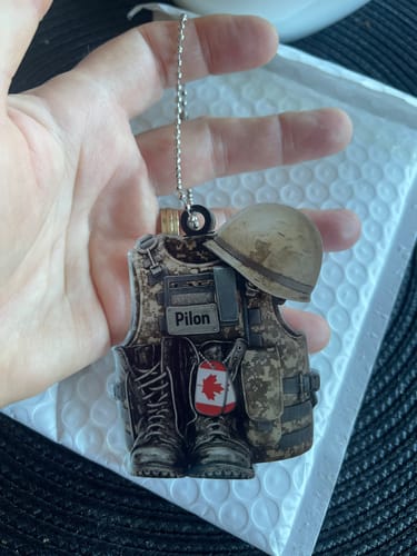 Customer photo review of 3D Effect Military Combat Vest, Boots And Helmet - Personalized Acrylic Ornament