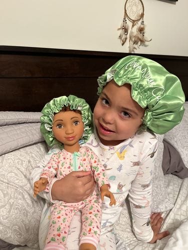 Customer photo review of "Love My Curls" Mommy, Me & Mini Satin Bonnet Bundle