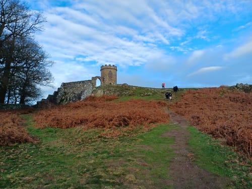 Customer on an energetic walk up a grassy hill with a stone tower in the distance.