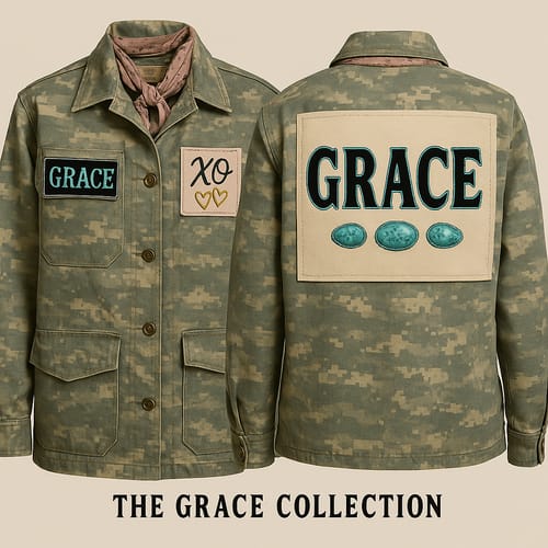 Customer's customized Digital Army Shirt, showing front and back views with decorative patches.