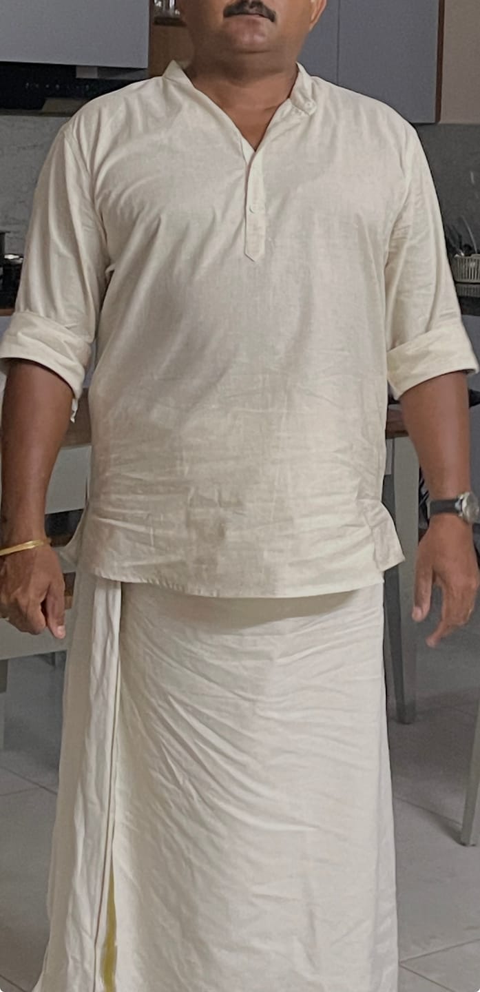 Customer photo review of Men Ecru Airy Linen Short Kurta