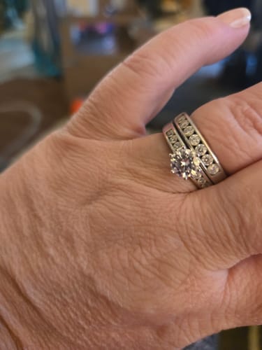 Customer photo review of Channel Set Moissanite Half Eternity Wedding Band Ring In Sterling Silver