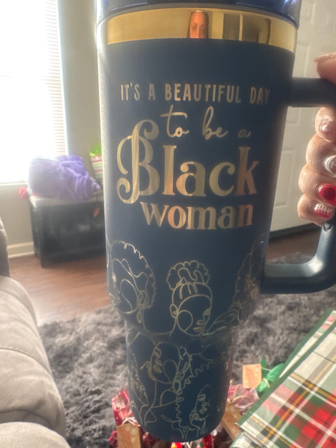 Customer photo review of "Navy Noir" 40oz Insulated Tumbler – "It’s a Beautiful Day to be a Black Woman" | PRE-ORDER SHIPS BY 12/12/25