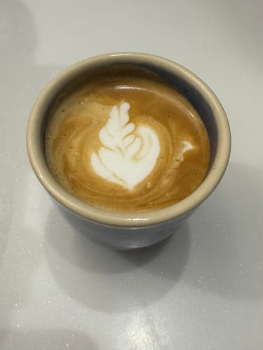 Customer's cup of Organic DECAF Colombia Maragogipe coffee, prepared with leaf-shaped latte art in a ceramic mug.