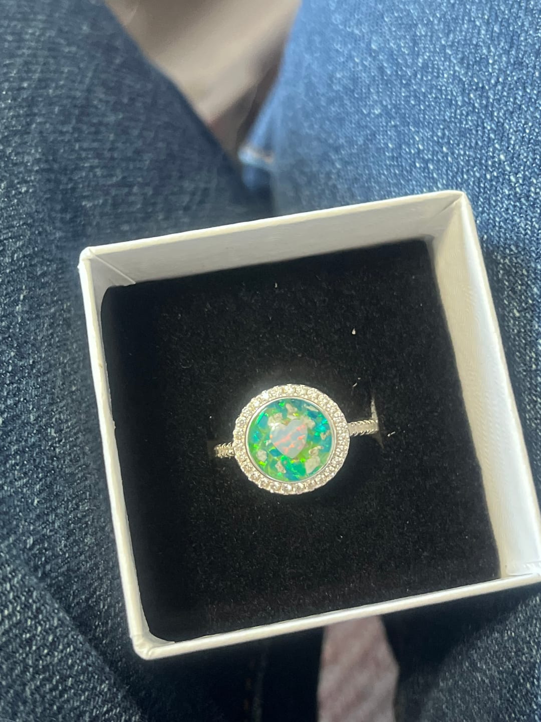 Customer photo review of Bedazzled Circle with Heart Opal Cremation Ring