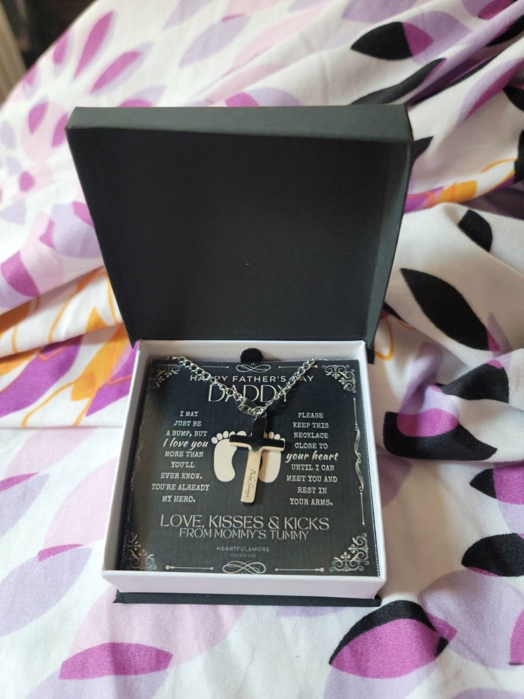 Customer photo review of First Father's Day Gift - "Love & Kicks from Tummy" Personalized Cross Necklace | Daddy-to-Be Gift