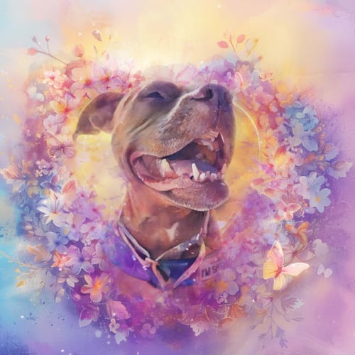 Reviewer's colorful Eternal Heart memorial portrait of their dog surrounded by flowers.