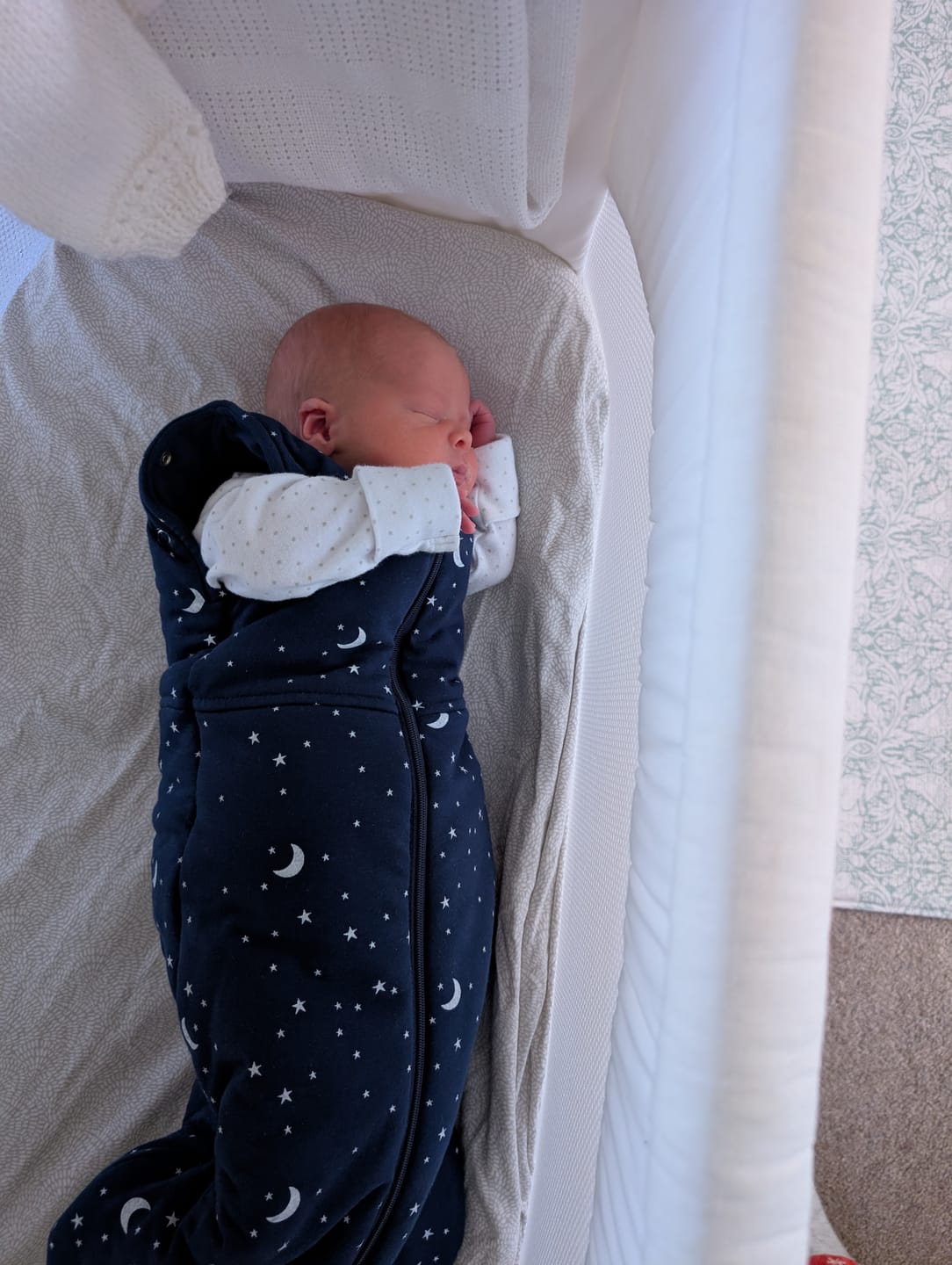 Customer photo review of sleep swaddle bag  blue moon and stars | Newborn | 2.5 Tog