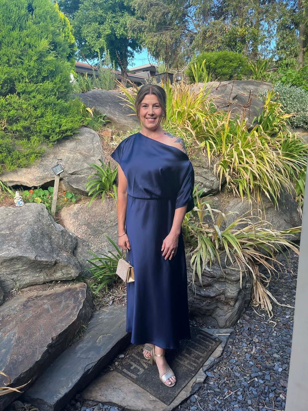 Customer photo review of Sarita Maxi Off Shoulder Dress in Navy Satin