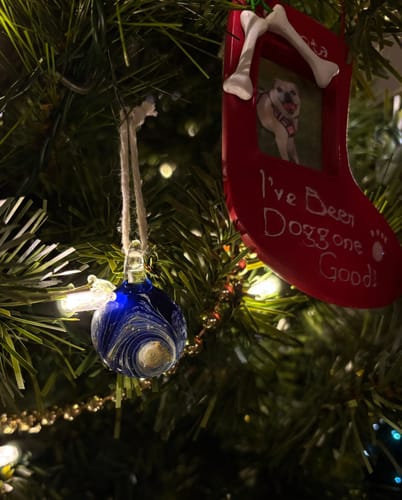 Customer's blue Nightswirl Pendant hanging as a memorial ornament on a Christmas tree.