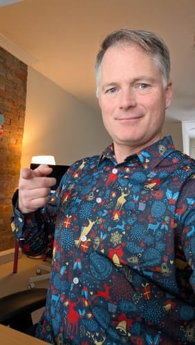 Customer photo review of Men's Vintage Christmas reindeer Printed Holiday Long Sleeve Shirt