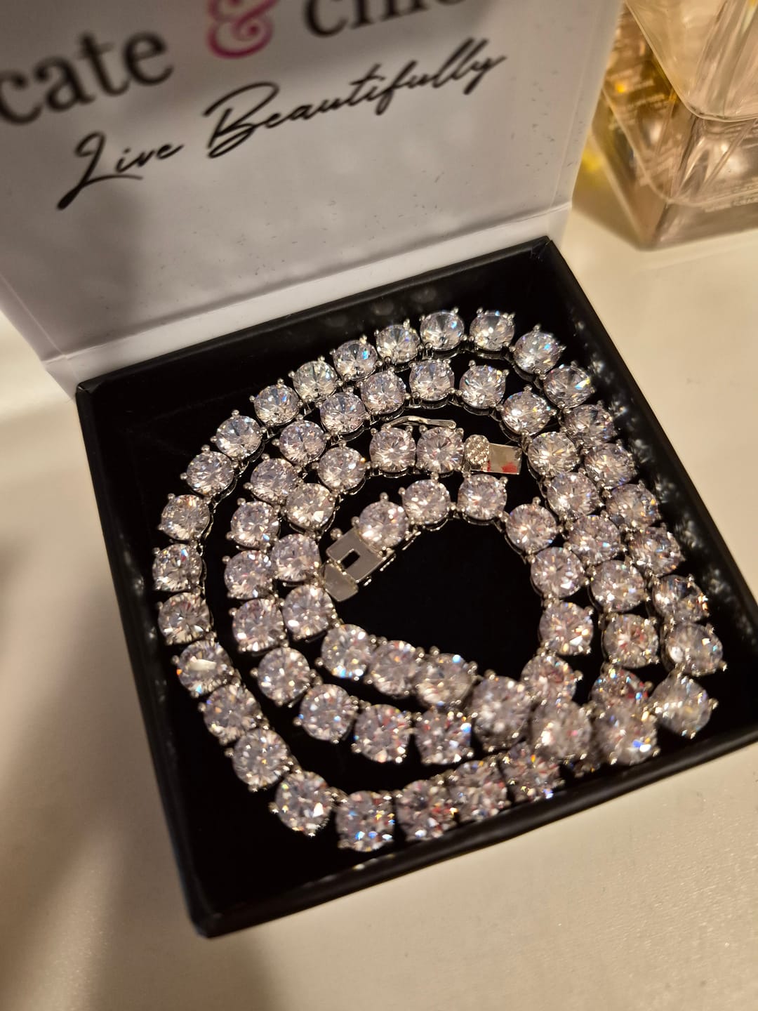 Customer photo review of Priscilla 18k White Gold Plated Tennis Necklace with Simulated Diamond Crystals