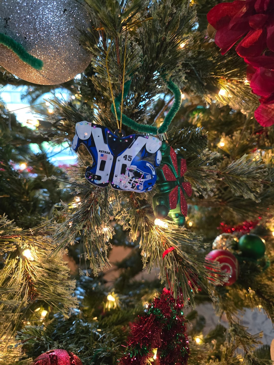 Customer photo review of American Football Shoulder Pads and Helmet Personalized Ornament