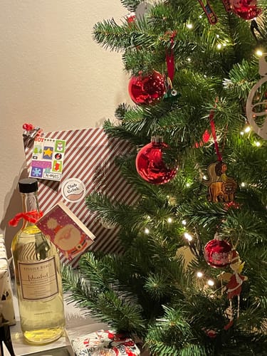 Recensent toont de Istanbul Geurstokjes Navulling als een kerstcadeau naast de kerstboom.