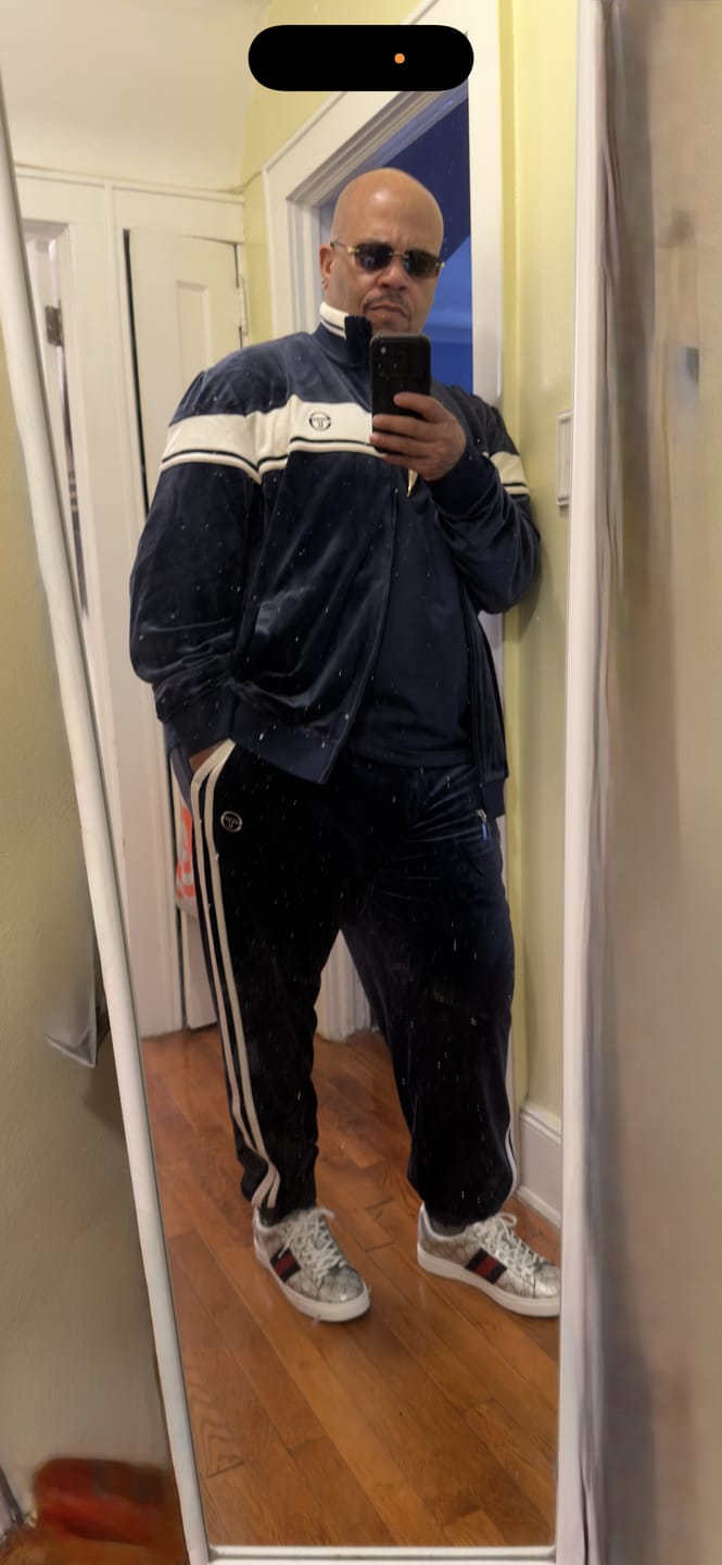 Customer photo review of Damarindo Velour Track Pant- Maritime Blue