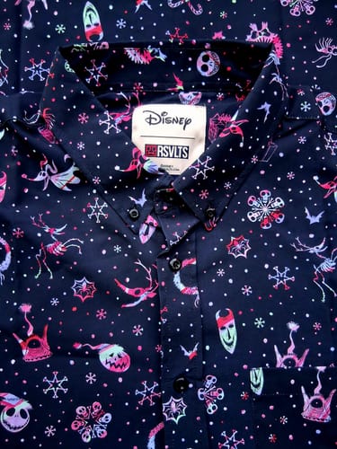 Customer's close-up of the "A Flurry of Frights" shirt, showing the colorful Nightmare Before Christmas pattern on the collar.