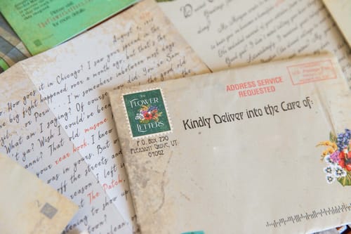 Close-up of a reviewer's Orchid Mae Letters, showing an aged envelope with a stamp and a handwritten letter.