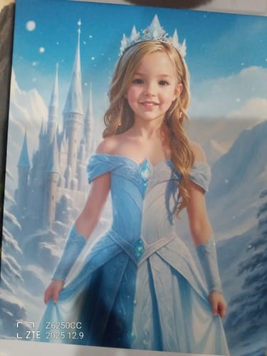 Customer's 'The Ice Princess' portrait showing a young girl in a blue gown with a crown, in a snowy setting with a castle.