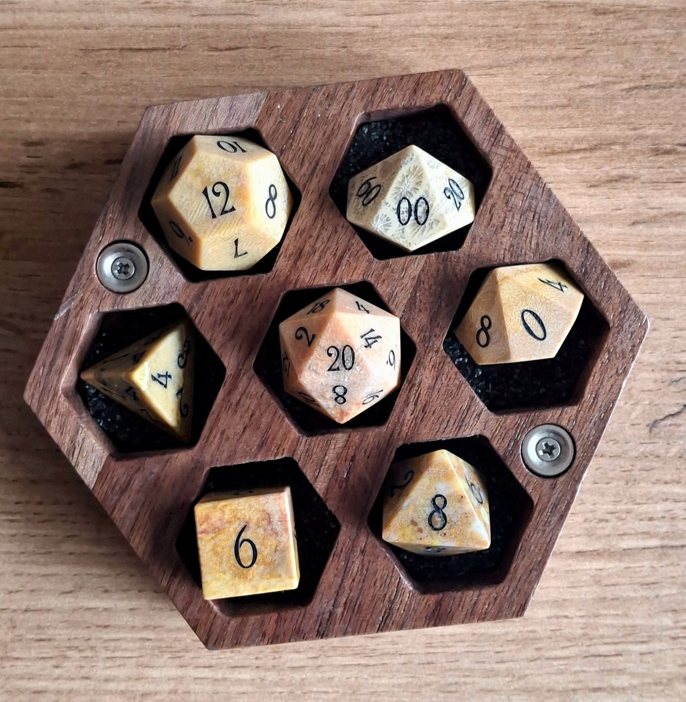 Customer photo review of URWizards D&D Coral Fossil Gemstone Engraved Dice Set
