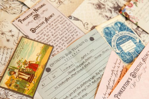 Customer's assorted vintage-style documents from The Lily Clara Letters, including a telegram and a postcard.