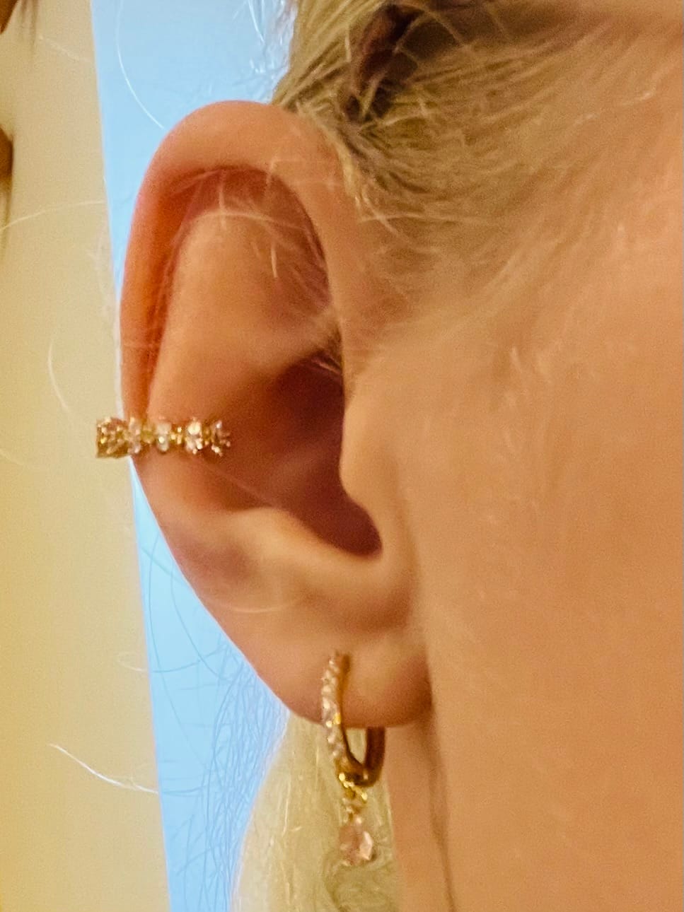 Customer photo review of Ottillie Pink Gold Raindrop Huggie Earrings