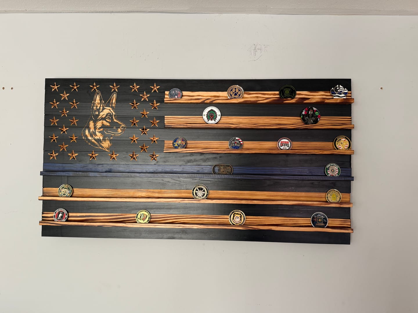 Customer photo review of Challenge Coin Display Rack Holder - Rustic American Flag