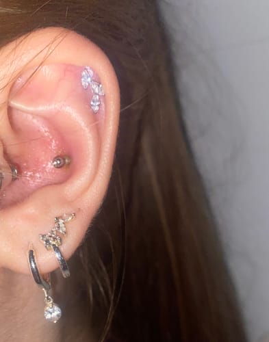 Nahaufnahme des Ohrs einer Kundin, die das glänzende Leaves Piercing im Helix trägt.