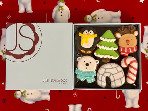 Customer's open box of colourful Frosty Friends biscuits, including a penguin, reindeer, polar bear, and igloo.