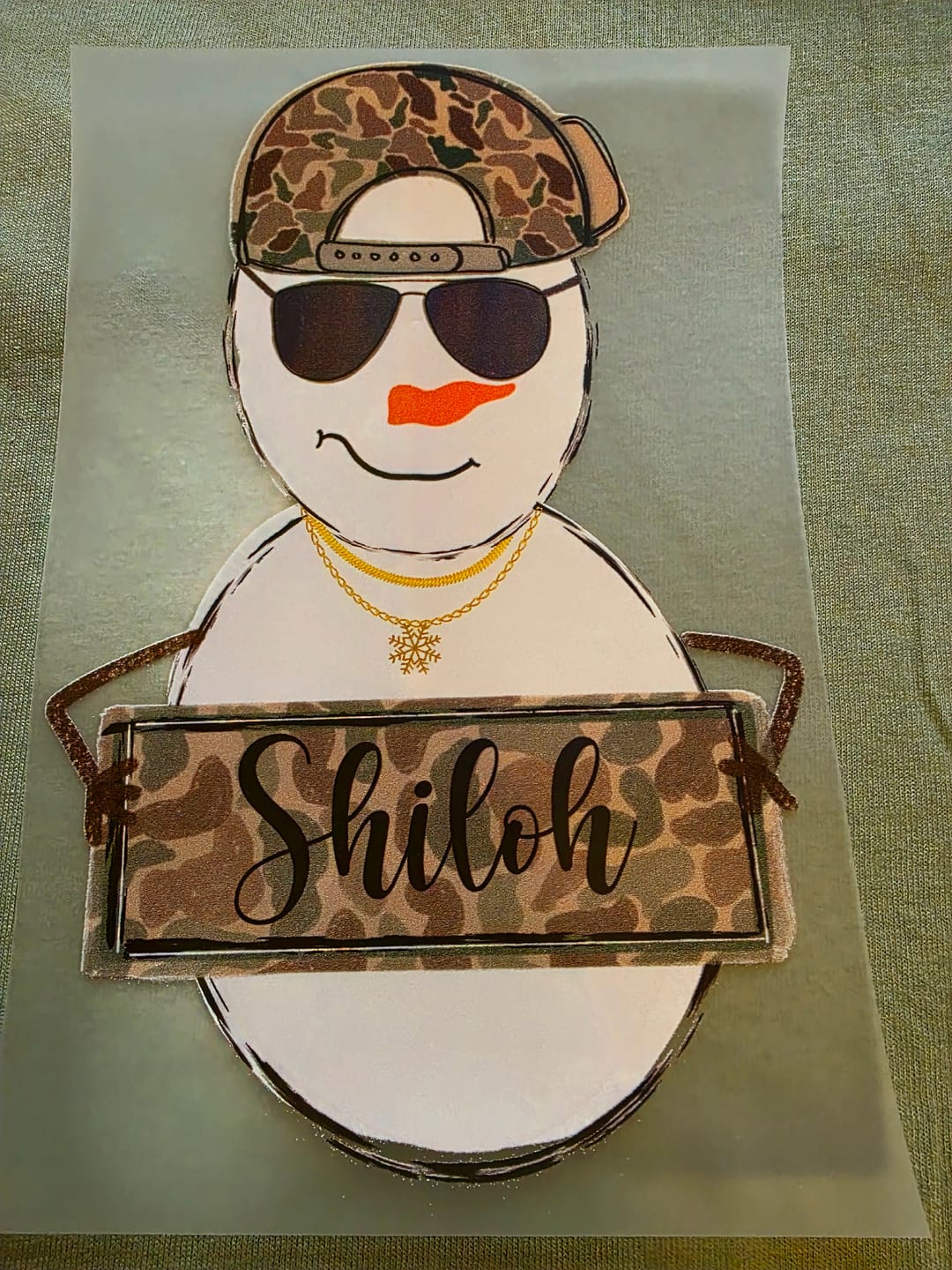 Customer photo review of Personalized Cool Camo Snowman Direct To Film (DTF) Transfer