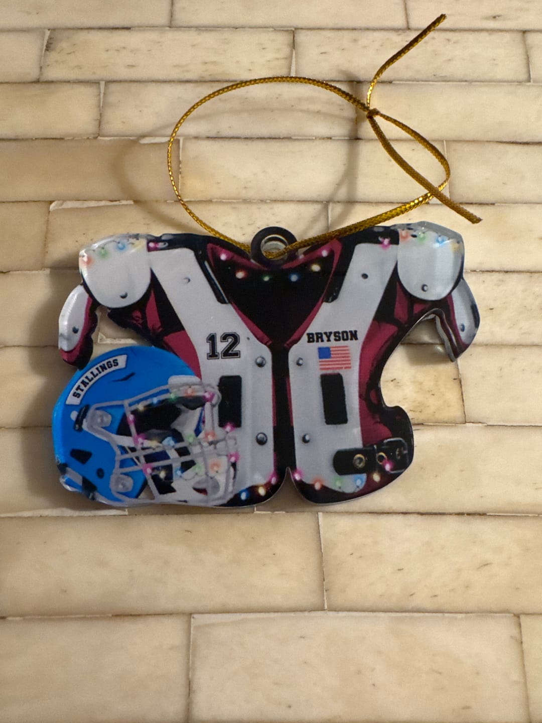 Customer photo review of American Football Shoulder Pads and Helmet Personalized Ornament