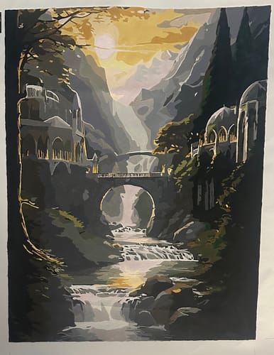 Customer's completed painting from their Custom Paint By Numbers kit, showing a detailed fantasy landscape with a bridge and river.