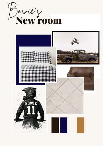 Customer's mood board for a son's bedroom, featuring the Hunt Bros By Tim Harris Art Print.