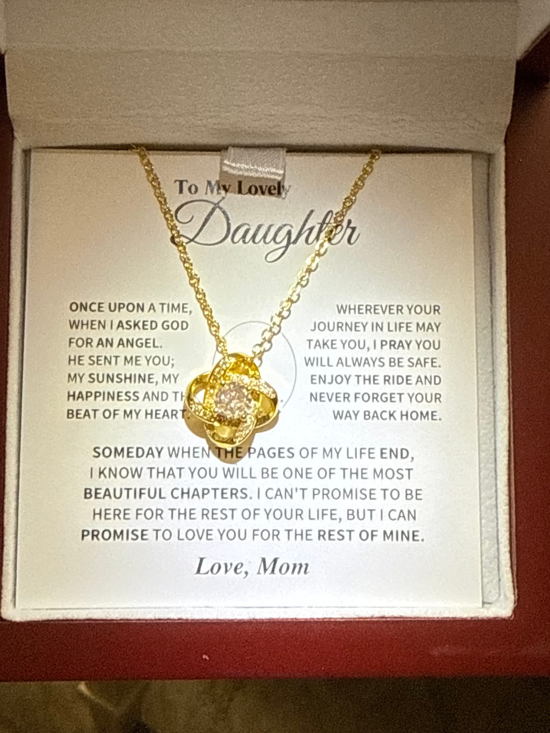 Customer photo review of Daughter Gift From Mom, "Beautiful Chapters", Knot Necklace