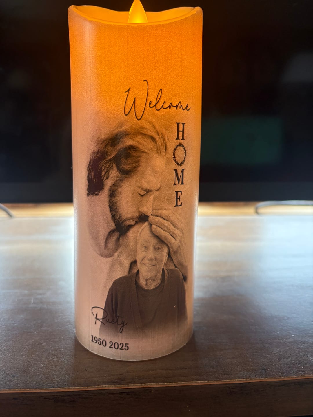 Customer photo review of Custom Photo Welcome Home - Safe In Arms Of Jesus - Sympathy Gift Loss Loved One - Personalized Led Candle